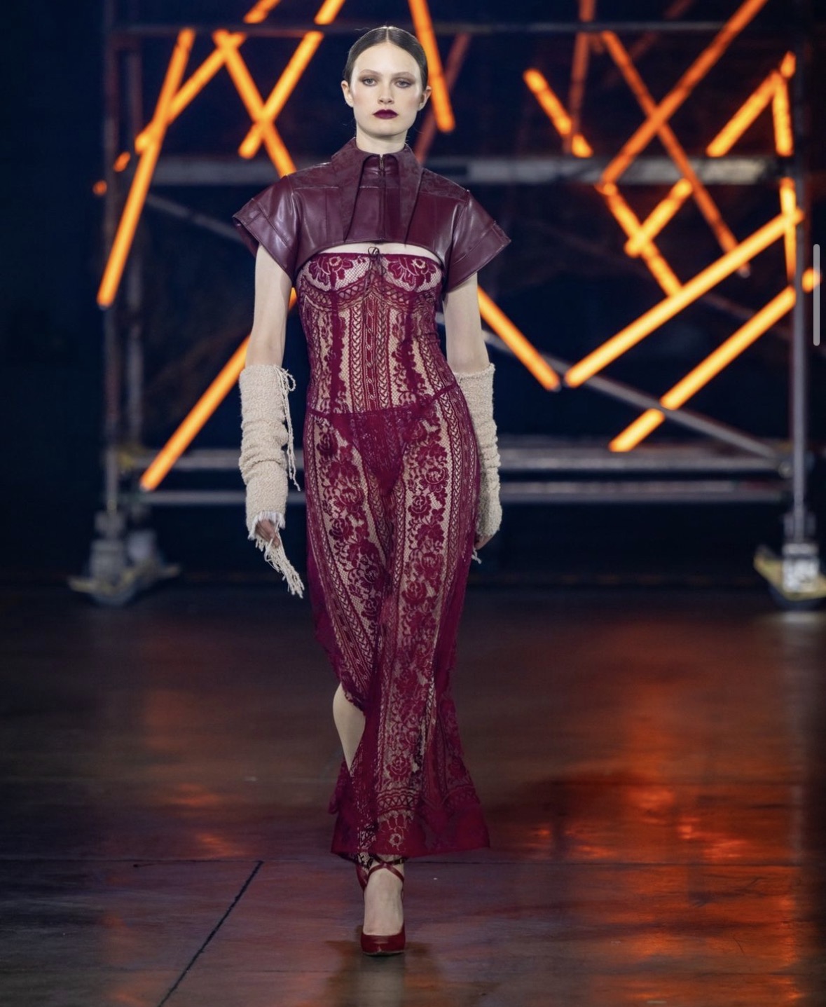 Runway look — burgundy leather and lace