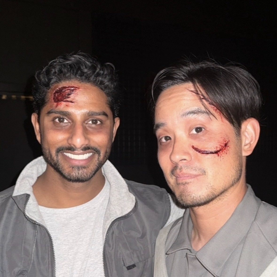 Film stills — matching head and face wounds on two actors