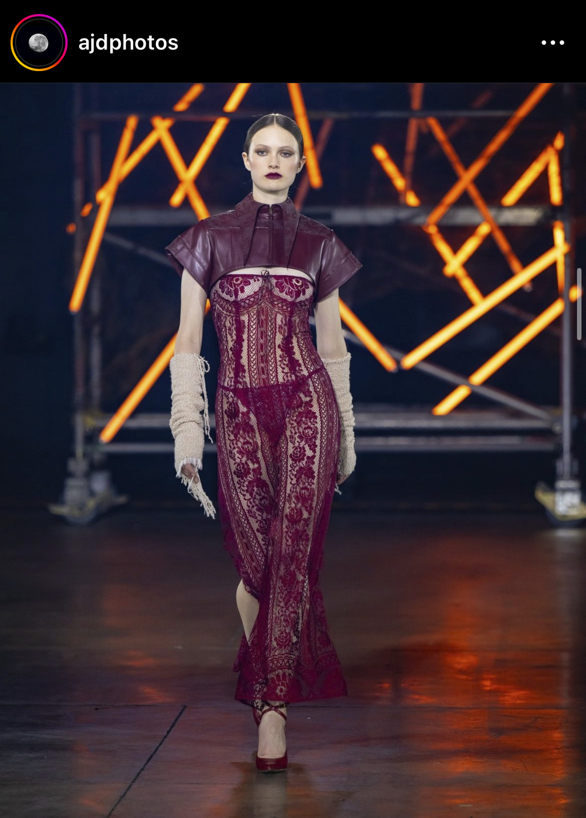 Runway look — burgundy leather and lace