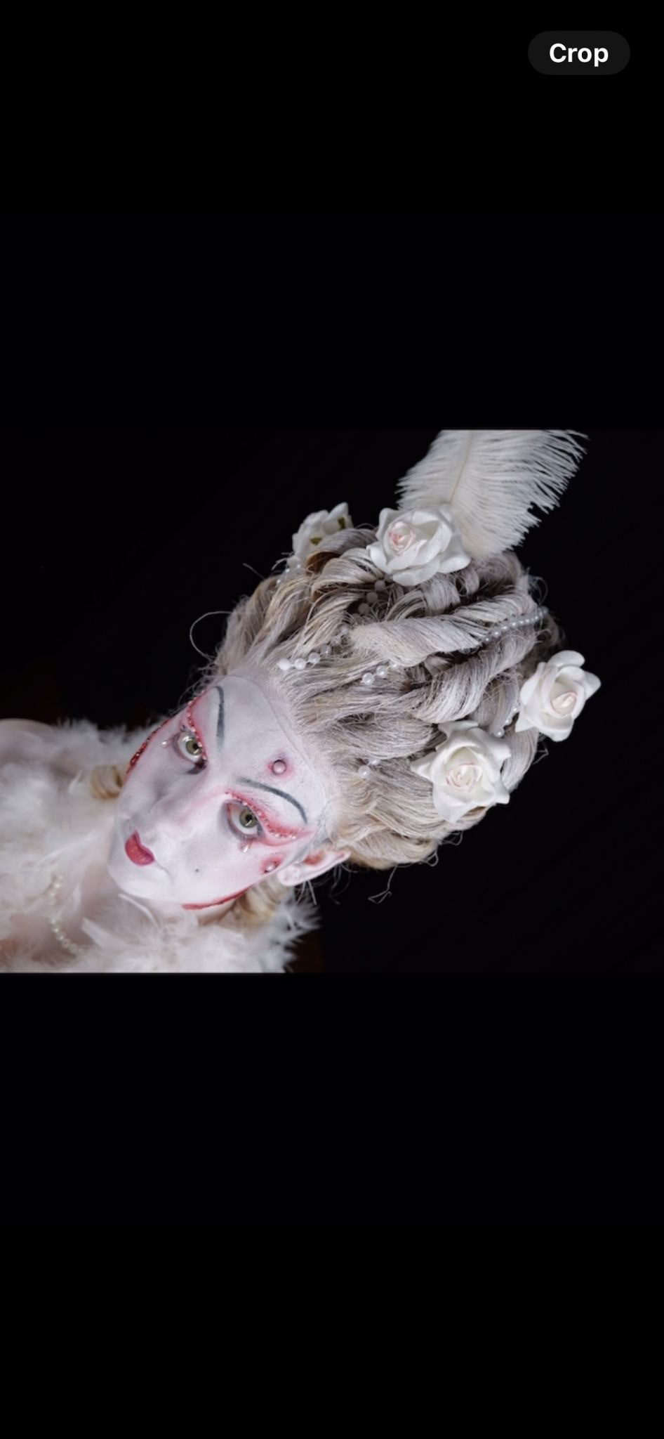 Theatrical character with white wig and roses